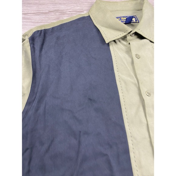 Nat Nast Mens Colorblock 100% Silk Long Sleeve Bowling Shirt Olive Black Size L - Picture 7 of 10